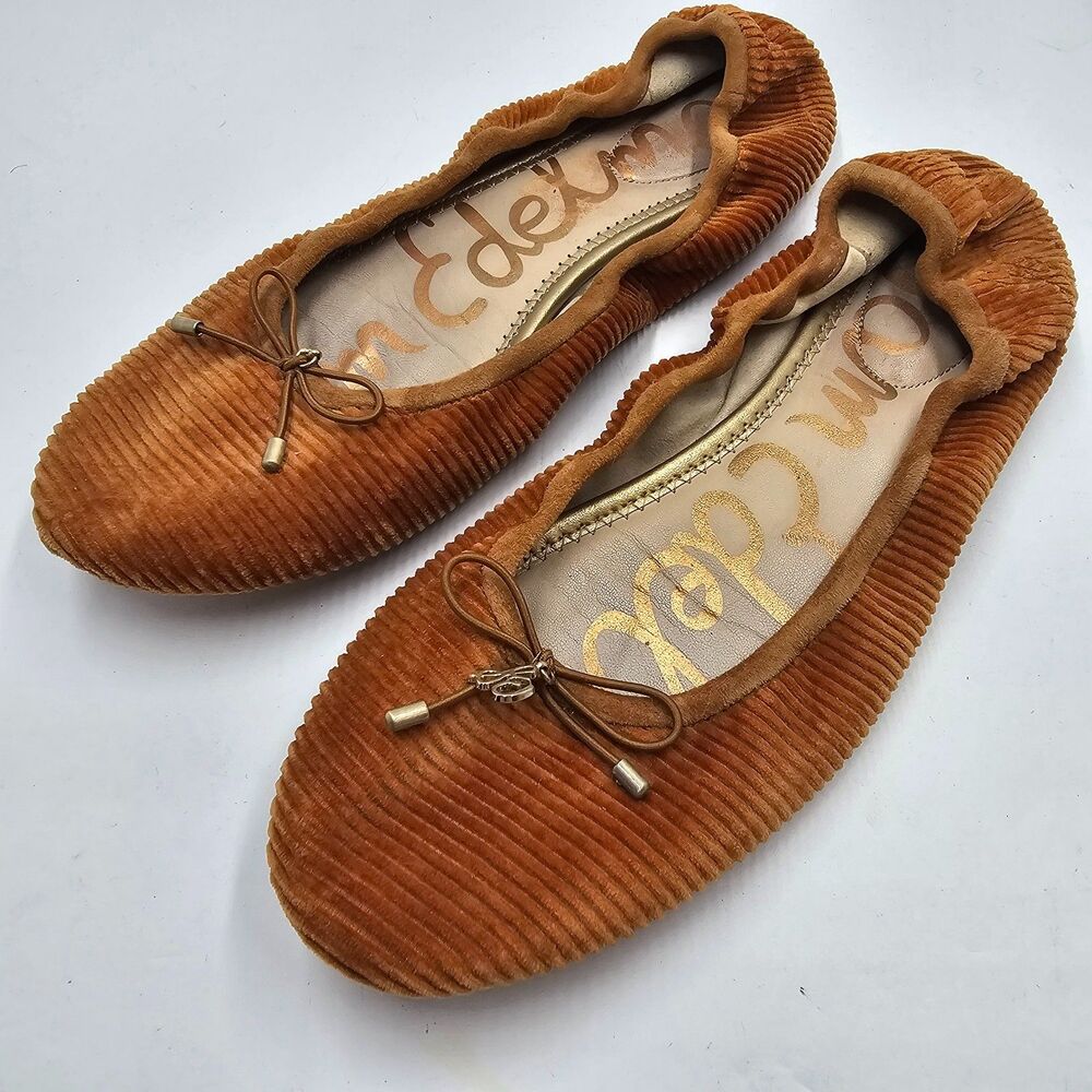 Sam Edelman Felicia Ballet Flats Womens 7.5 Cognac Brown Corduroy Scrunch Bow